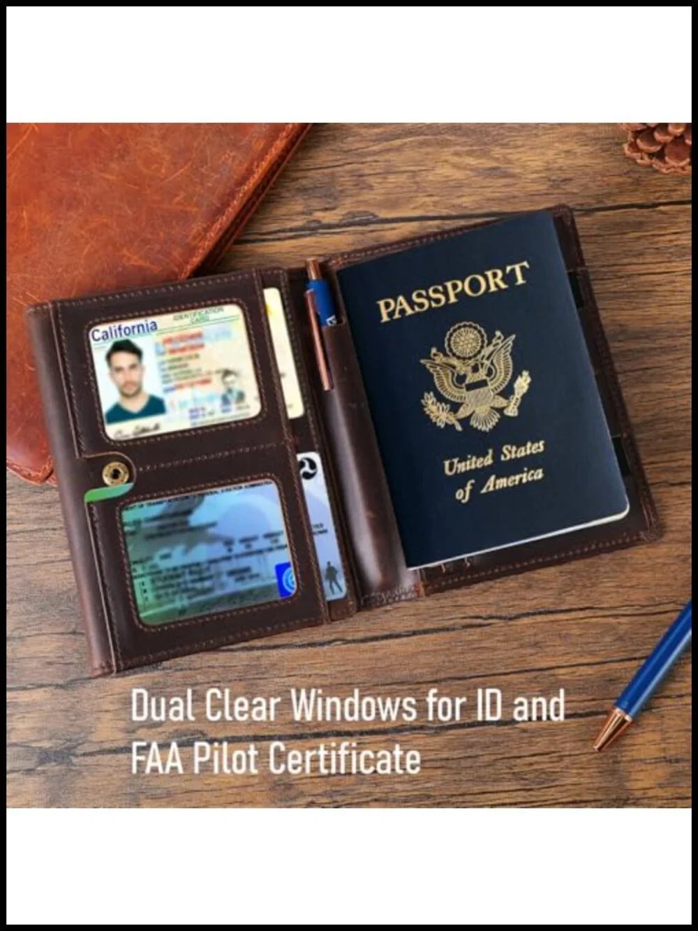 Full Grain Leather Pilot Passport Wallet Trifold with RFID Blocking and AirTag